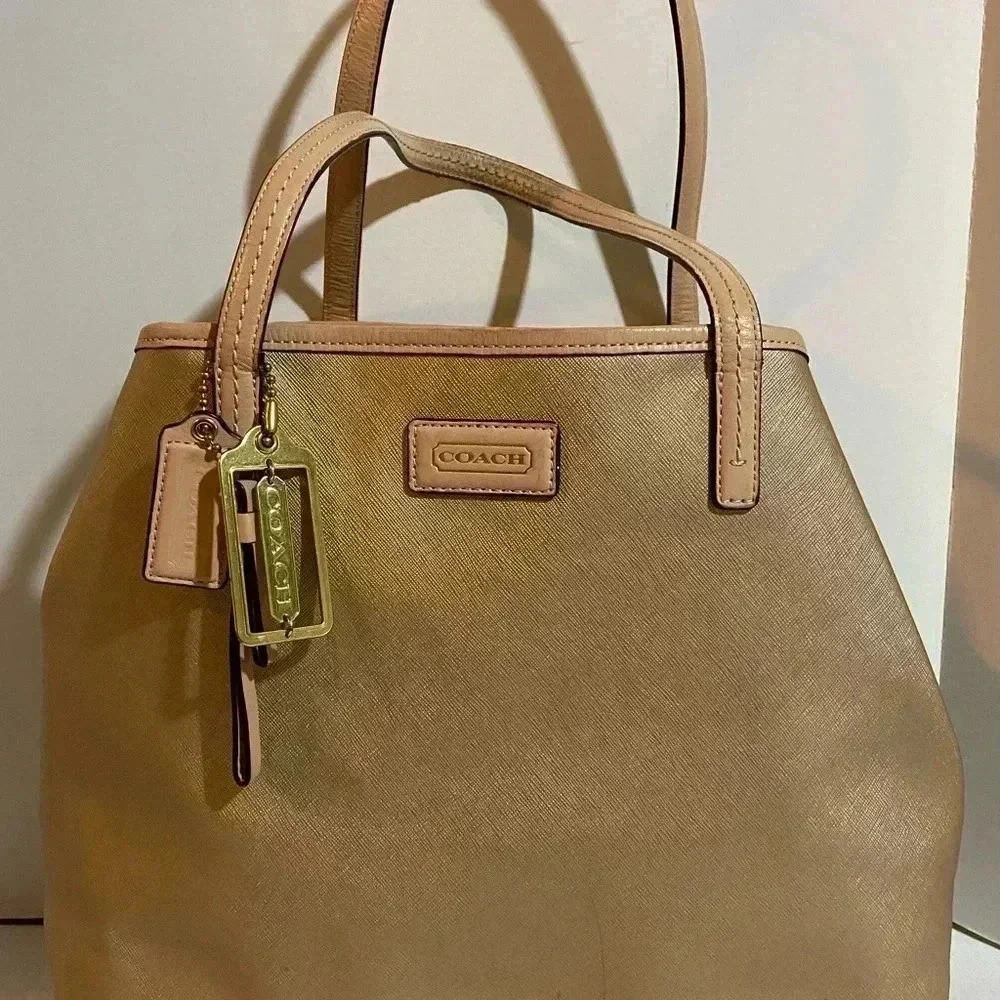 Coach gold metallic leather tote handbag